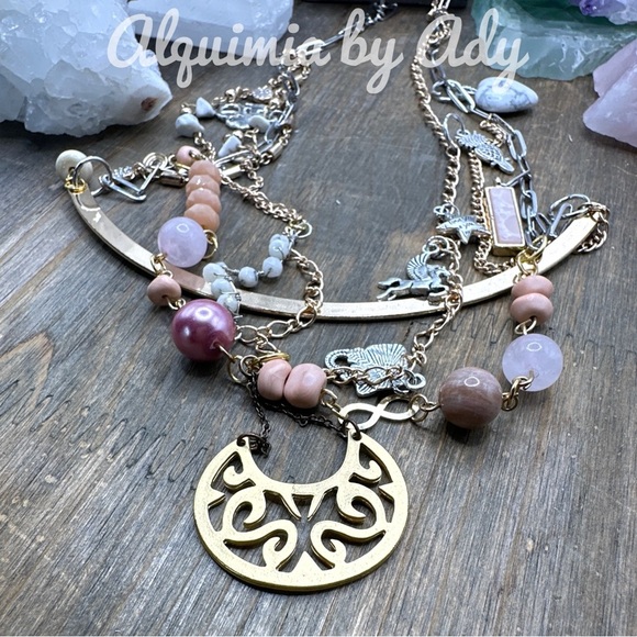 Pink quartz Howlite flower agate chunky layered multi charms necklace - Picture 1 of 5